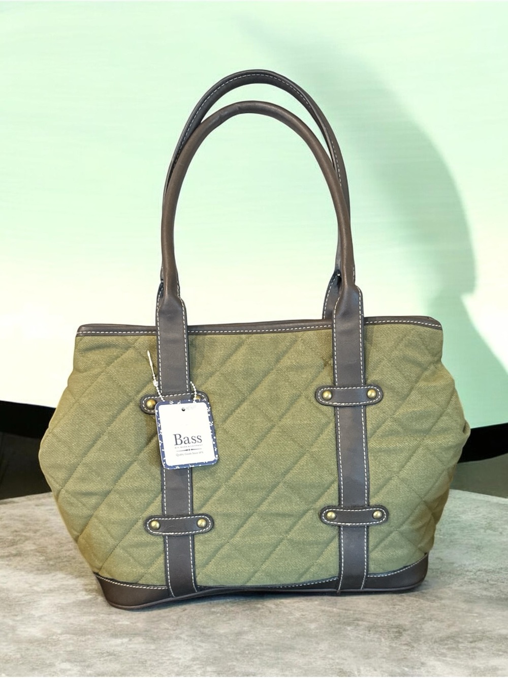 G.H. Bass& Co. Olive Quilted Tote Bag with Brown Trim